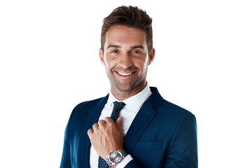 Wall Mural - Portrait of confident businessman with tie, smile and broker isolated on transparent png background. Business fashion, proud career man or professional consultant in suit, happy face of trader in USA