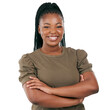 Black woman, portrait and smile with arms crossed with casual style, fashion and confidence. Happy, female person and African model with pride from Nigeria isolated on transparent, png background