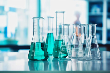 Wall Mural - Glass flasks for liquid samples of reagents. Laboratory equipment for dispensing liquid samples. Chemical liquids analysis and testing.