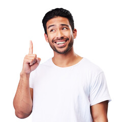 Poster - Pointing, idea and thinking with face of man on png for brainstorming, solution and presentation. Happiness, smile and promotion with Asian person isolated on transparent background for show and sign