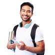 © Bharat Krunal/peopleimages.com - Isolated student man, phone and texting with books, portrait or smile for chat by transparent png background. Young guy, smartphone and social media app with backpack for education, learning or blog