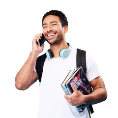 Aufkleber - Isolated man, student and phone call with books, thinking and smile for chat by transparent png background. Young guy, smartphone and happy conversation with backpack for education, learning and talk