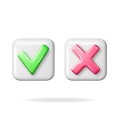 Poster - 3D Right and Wrong Button Shape. Green Yes and Red No Correct Incorrect Sign. Checkmark Tick Rejection, Cancel, Error, Stop, Negative, Agreement Approval or Trust Symbol. Vector Illustration