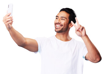 Aufkleber - Man, smile and peace for selfie isolated on a transparent png background for fun, live streaming and vlog. Happy asian model, profile picture and show v sign, hand emoji and memory for social media