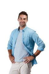 Poster - Isolated man, smile and confident in portrait with casual trendy style by transparent png background. Guy, handsome fashion model and happy with contemporary clothes, blue shirt or attractive in Rome