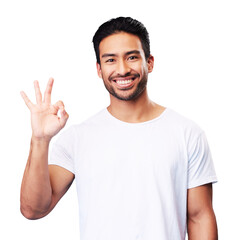 Poster - Isolated man, sign and ok hand in portrait, smile or review for good service by transparent png background. Young Indian guy, happy fashion model and icon for gesture, opinion or agreement for choice