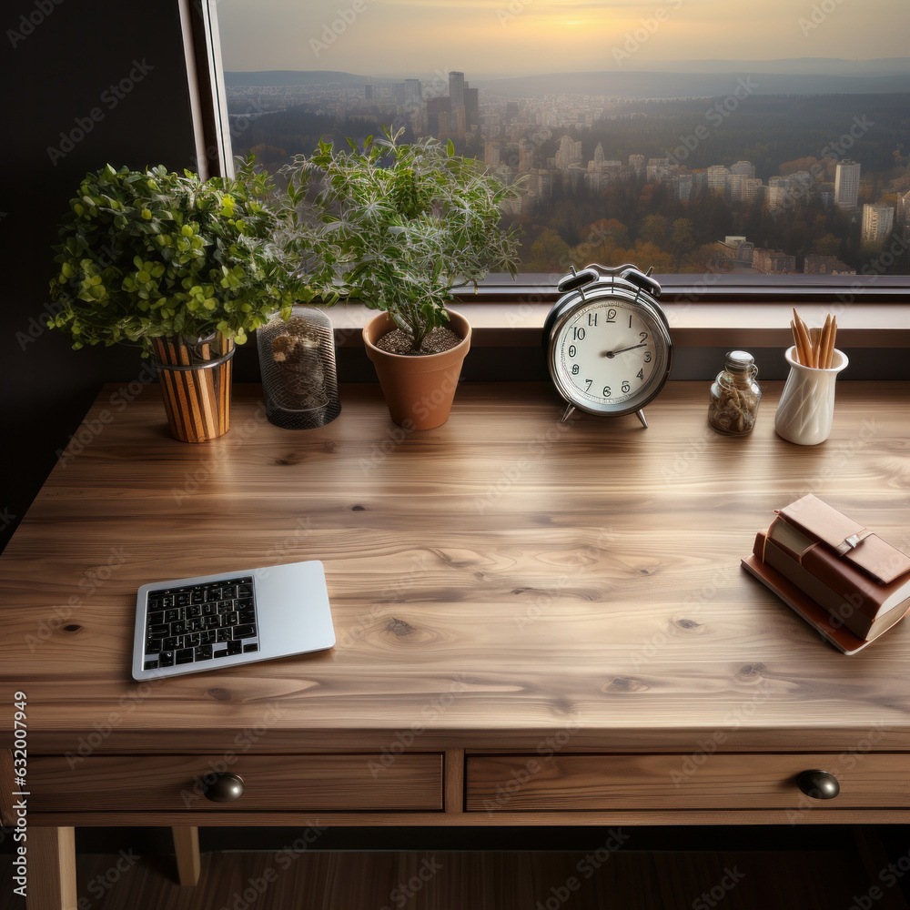 Zoomed in Top perspective view scandinavian executive desk, Top view of a minimalist organized desk.Generative AI.
