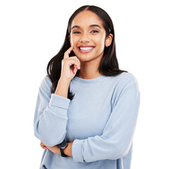 Wall Mural - Happy woman, portrait and smile with teeth standing isolated on a transparent PNG background. Face of female person or model in casual clothing, happiness or satisfaction and natural beauty cosmetics