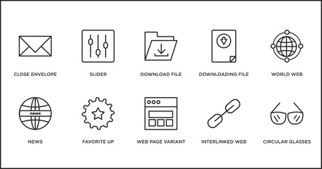 Poster - web outline icons set. thin line icons such as download file, downloading file, world web, news, favorite up, web page variant, interlinked vector.
