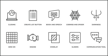 Aufkleber - web outline icons set. thin line icons such as book and speech bubble, cobweb and spider, darkness, 
