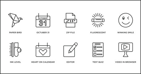 Poster - user interface outline icons set. thin line icons such as zip file, fluorescent, winking smile, ink level, heart on calendar, editor, test quiz vector.