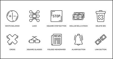 Poster - user interface outline icons set. thin line icons such as square stop button, dollar bills stack, delete bin, cross, square glasses, folded newspaper, alarm button vector.