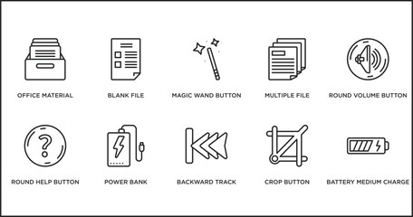 Poster - user interface outline icons set. thin line icons such as magic wand button, multiple file, round volume button, round help button, power bank, backward track, crop vector.