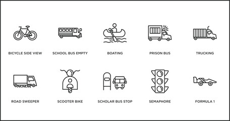 Poster - transport outline icons set. thin line icons such as boating, prison bus, trucking, road sweeper, scooter bike, scholar bus stop, semaphore vector.