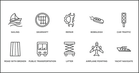 Poster - transport outline icons set. thin line icons such as repair, bobsleigh, car traffic, road with broken lines, public transportation, lifter, airplane pointing up vector.