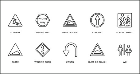 traffic signs outline icons set. thin line icons such as steep descent, straight, school ahead, slope, winding road, u turn, hump or rough vector.