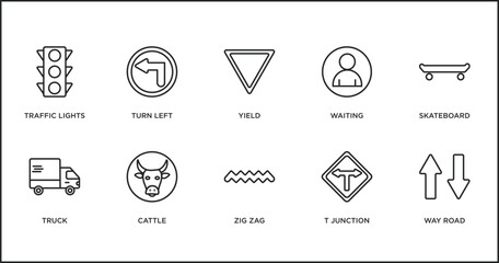 Poster - traffic signs outline icons set. thin line icons such as yield, waiting, skateboard, truck, cattle, 