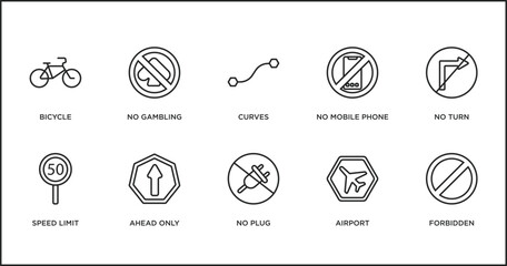 Poster - traffic signs outline icons set. thin line icons such as curves, no mobile phone, no turn, speed limit, ahead only, no plug, airport vector.