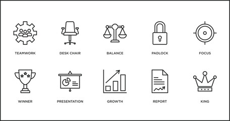 Poster - strategy outline icons set. thin line icons such as balance, padlock, focus, winner, presentation, g