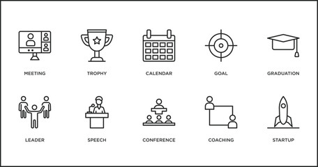 Poster - strategy outline icons set. thin line icons such as calendar, goal, graduation, leader, speech, conference, coaching vector.