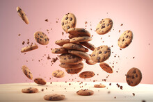 Chocolate Chips Cookies Flying In The Sky. Advertising Concept.
