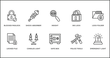 Poster - security outline icons set. thin line icons such as insight, big lock, lock folder, locked file, candles light, safe box, police tools vector.