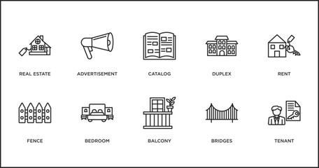 Poster - real estate outline icons set. thin line icons such as catalog, duplex, rent, fence, bedroom, balcony, bridges vector.
