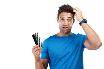 Isolated man, comb and hair loss on scalp, shock or portrait with stress, psoriasis or transparent png background. Guy, male pattern baldness and anxiety for inspection, cosmetic or alopecia with wow