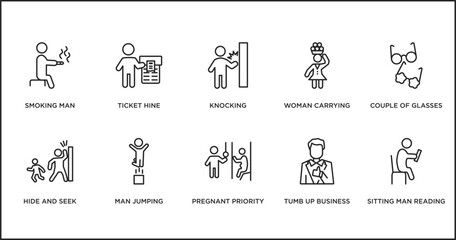 Sticker - people outline icons set. thin line icons such as knocking, woman carrying, couple of glasses, hide and seek, man jumping, pregnant priority, tumb up business man vector.