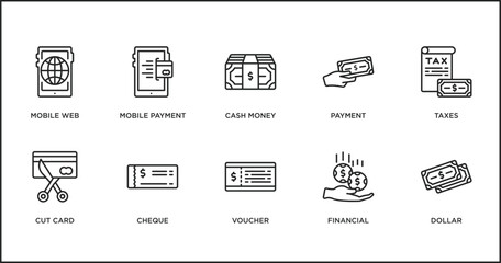 Aufkleber - payment outline icons set. thin line icons such as cash money, payment, taxes, cut card, cheque, voucher, financial vector.