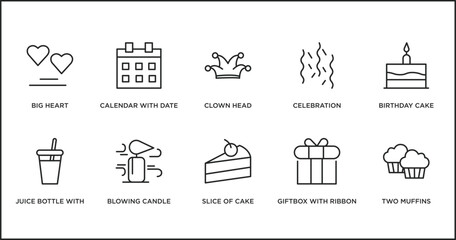 Sticker - party outline icons set. thin line icons such as clown head, celebration, birthday cake, juice bottle with straw, blowing candle, slice of cake, giftbox with ribbon vector.