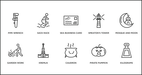 Poster - other outline icons set. thin line icons such as sea business card, smeaton's tower, mosque and moon, garden work, kremln, caudron, pirate pumpkin vector.