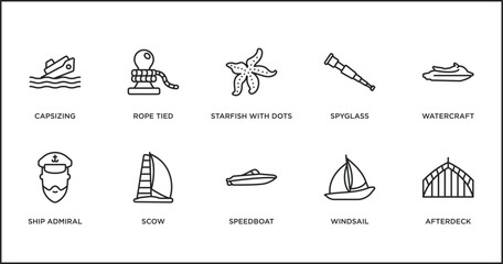 Wall Mural - nautical outline icons set. thin line icons such as starfish with dots, spyglass, watercraft, ship admiral, scow, speedboat, windsail vector.