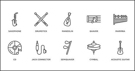 Wall Mural - music and media outline icons set. thin line icons such as mandolin, quaver, marimba, cd, jack connector, semiquaver, cymbal vector.