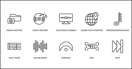 music and media outline icons set. thin line icons such as television screen off, globe with pointer, hemidemisemiquaver, half note, sound bars, fermata, rec vector.