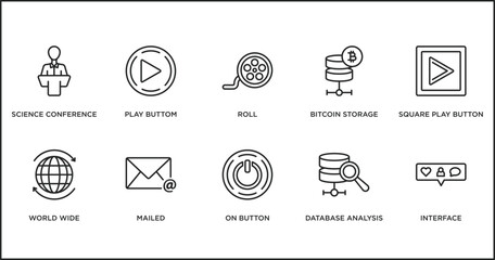 Poster - multimedia outline icons set. thin line icons such as roll, bitcoin storage, square play button, world wide, mailed, on button, database analysis vector.