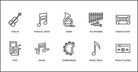 Poster - music outline icons set. thin line icons such as horn, xylophone, radio caste, mp3, music, tambourine, music note vector.