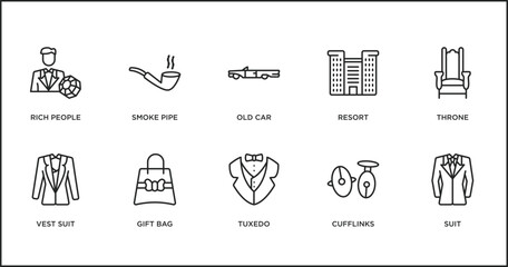 Poster - luxury outline icons set. thin line icons such as old car, resort, throne, vest suit, gift bag, tuxedo, cufflinks vector.
