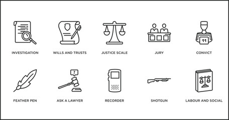 Poster - law and justice outline icons set. thin line icons such as justice scale, jury, convict, feather pen