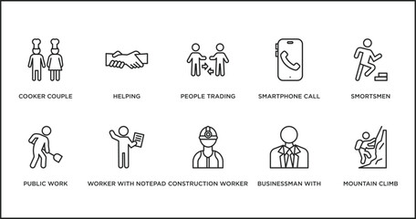 Poster - humans outline icons set. thin line icons such as people trading, smartphone call, smortsmen, public work, worker with notepad, construction worker, businessman with tie vector.