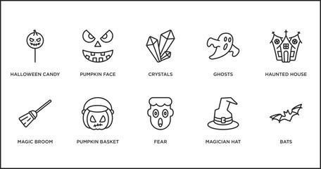 Wall Mural - halloween outline icons set. thin line icons such as crystals, ghosts, haunted house, magic broom, pumpkin basket, fear, magician hat vector.