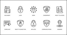 Gdpr Outline Icons Set. Thin Line Icons Such As Gdpr, Fingerprint, Right To Access, Complaint, Right To Objection, Keylock, Communications Vector.