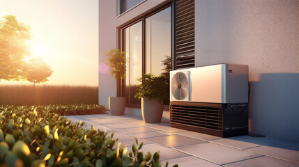 Air Source Heat Pump in Modern Residential Backyard, Sustainable Clean Energy, Golden Hour, Generative AI