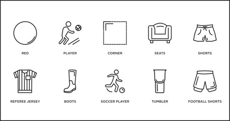 Poster - football outline icons set. thin line icons such as corner, seats, shorts, referee jersey, boots, so