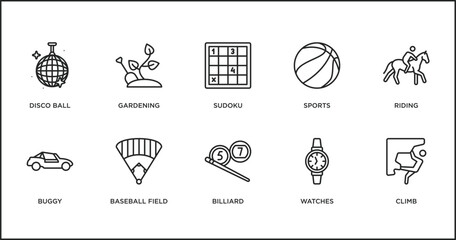 Wall Mural - free time outline icons set. thin line icons such as sudoku, sports, riding, buggy, baseball field, billiard, watches vector.