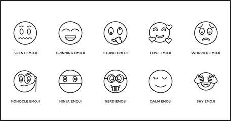 Poster - emoji outline icons set. thin line icons such as stupid emoji, love emoji, worried monocle ninja nerd calm vector.