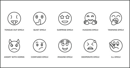 Poster - emoji outline icons set. thin line icons such as surprise emoji, hugging emoji, yawning angry with horns confused imagine desperate vector.