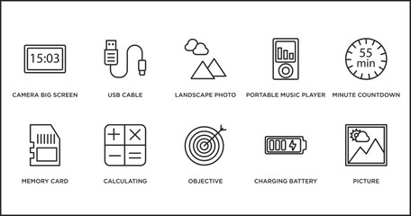 Poster - electronic stuff fill outline icons set. thin line icons such as landscape photo, portable music player, minute countdown, memory card, calculating, objective, charging battery vector.