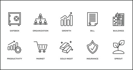 Sticker - digital economy outline icons set. thin line icons such as growth, bill, buildings, productivity, market, gold ingot, insurance vector.