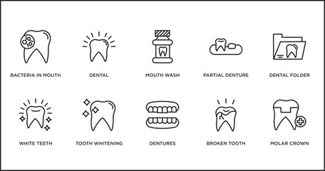 Canvas Print - dentist outline icons set. thin line icons such as mouth wash, partial denture, dental folder, white teeth, tooth whitening, dentures, broken tooth vector.